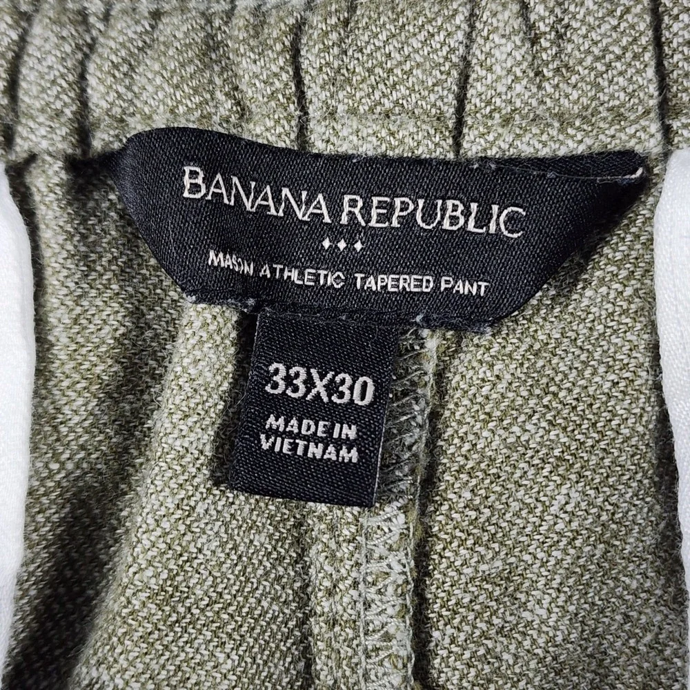 Banana Republic Mason Athletic Tapered Pants Mens 33x30 Olive Linen Cotton EUC